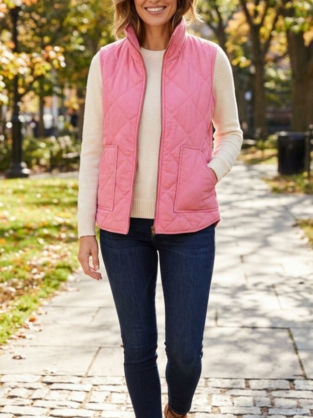 Peach Love California Pink Quilted Vest Medium Full Zip Pocket Barbiecore Preppy